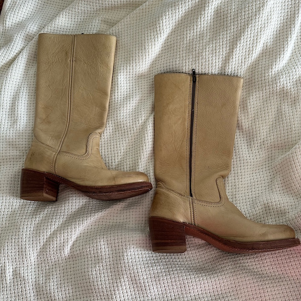 FRYE CAMPUS BOOTS with Wooden Heel and leather soles. SIZE 10 Color: BANANA